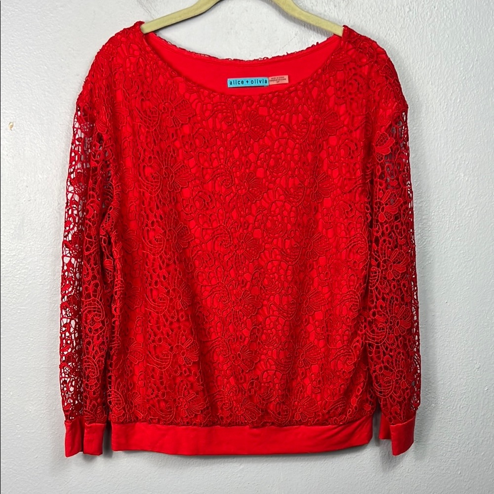 Alice + Olivia Red Lace Overlay Long Sleeve Top Small